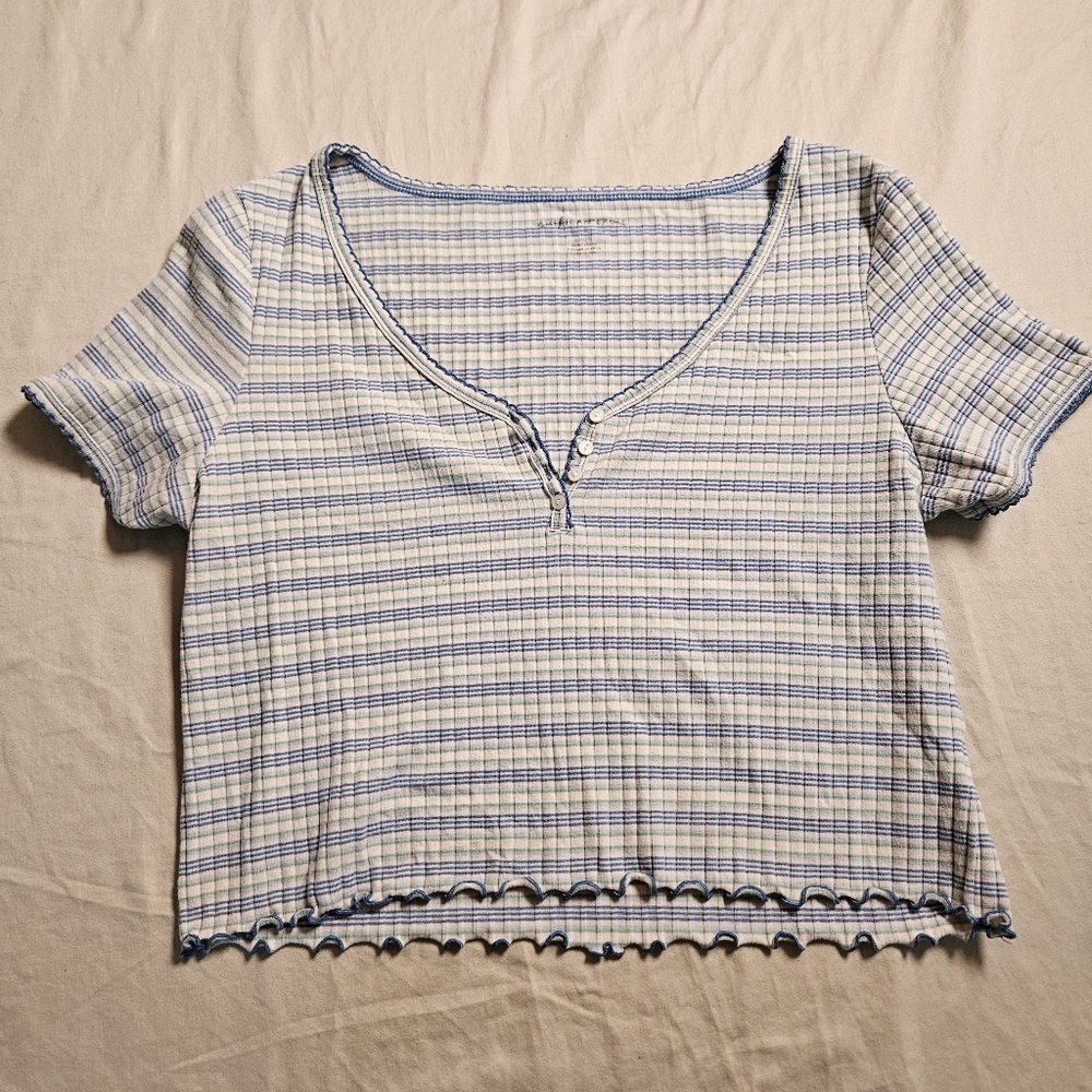 American Eagle Outfitters AE Blue White Striped Ribbed V-Neck Crop Top Sz Large